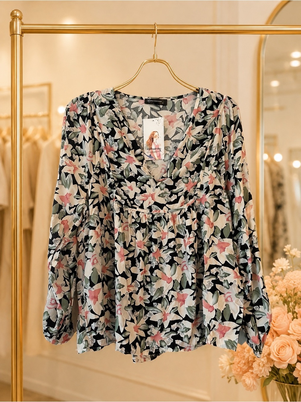 PRETTYGARDEN Floral V-Neck Empire Waist Blouse Black Pink Green S NWT